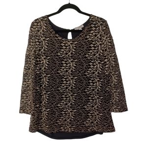 CB Metallic Gold Black Lace Open Slit Back 3/4 Sleeve 2 Layer Top X-Large